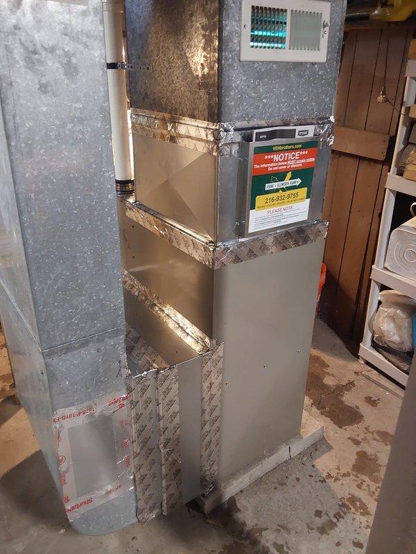 Completed installation of new Bryant furnace with PVC venting routed through right side of home. Installed new air cleaner to replace outdated 2200 SpaceGard unit, using model 1210 to minimize duct modifications. Added ozone-free air scrubber to improve indoor air quality as requested.