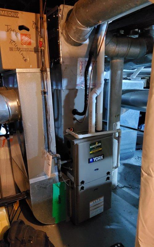 Responded to no heat call for existing customer with York furnace. Diagnosed faulty gas valve causing heat failure. Replaced gas valve assembly, reconnected electrical connections and copper gas line, then verified proper system operation and heat production.
