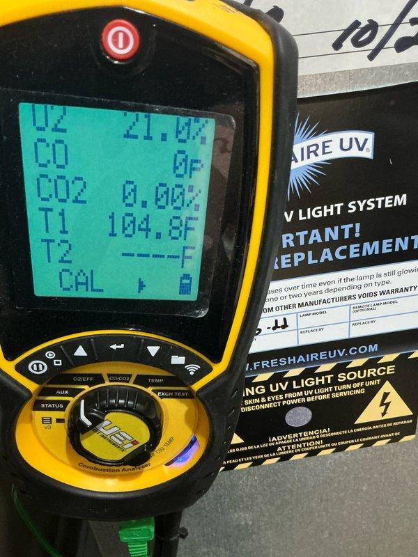 Performed comprehensive heating tune-up on multiple HVAC systems including 6 furnaces (4 with humidifiers) and a garage heater. Inspected and cleaned blower wheel assemblies to remove accumulated debris. Conducted combustion analysis with digital analyzer, verifying proper O2 levels (21.9%) and confirming CO safety parameters were within acceptable ranges. Also inspected UV light system for proper operation and safety compliance.