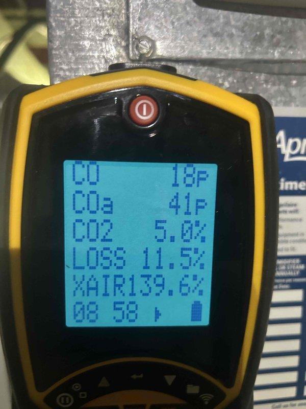 Performed scheduled heating maintenance service on customer's system per Home Plan agreement. Conducted temperature readings (76.5°F) and performed combustion analysis showing CO levels at 18 PPM, CO2 at 5.0%, system loss at 11.5%, and excess air at 139.6%. All parameters within acceptable range for safe and efficient operation.