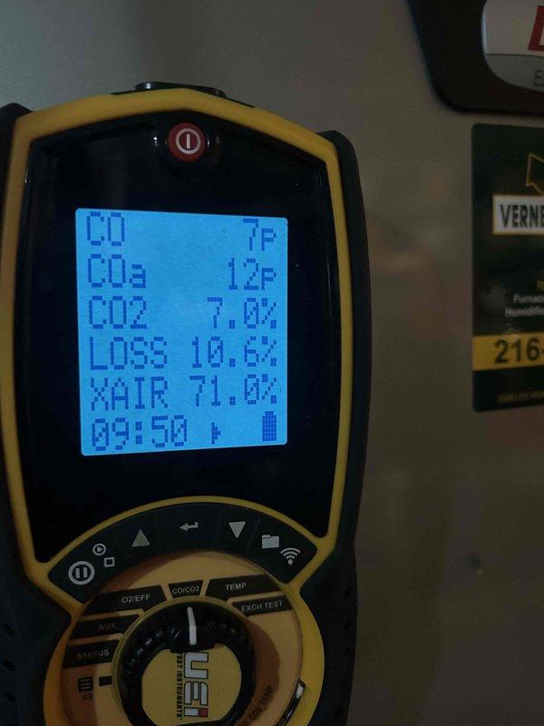 Performed scheduled heating tune-up on furnace and humidifier as part of customer's home plan renewal. Conducted combustion analysis showing furnace operating at 96.4% efficiency with CO levels at 7ppm, CO2 at 7.0-7.1%, and excess air at 71.0%. System temperatures measured at 92.9°F with acceptable oxygen levels at 8.5%.
