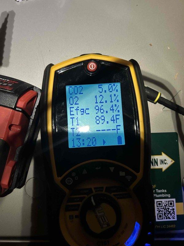 Completed heating tune-up on multiple heat pump systems (furnace, garage, and hot water tank). Performed combustion analysis with readings of CO2 at 5.0%, O2 at 12.1%, and efficiency (ETSC) at 96.4%. Conducted electrical inspection with amperage measurements at 0.32A. All systems functioning properly with high efficiency ratings.