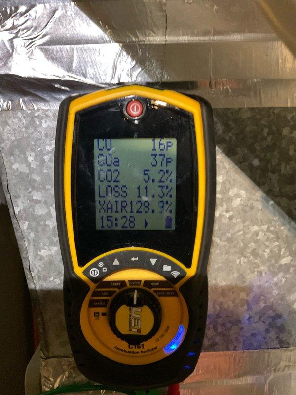 Completed heating system tune-up per Home Plan maintenance agreement. Performed combustion analysis using UEi C161 analyzer, which indicated CO2 at 5.2% with excess air at 129.9% and system loss at 11.3%. Verified proper airflow with measurements showing 20.0 CFM at supply duct.