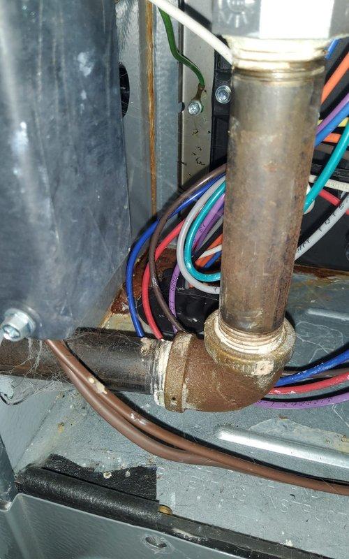 Performed routine maintenance on 8-year-old gas furnace, inspecting electrical connections and components including motor, fan assembly, and control wiring. Noted minor water leak from condensate drain line and advised customer to contact for service if condition worsens.