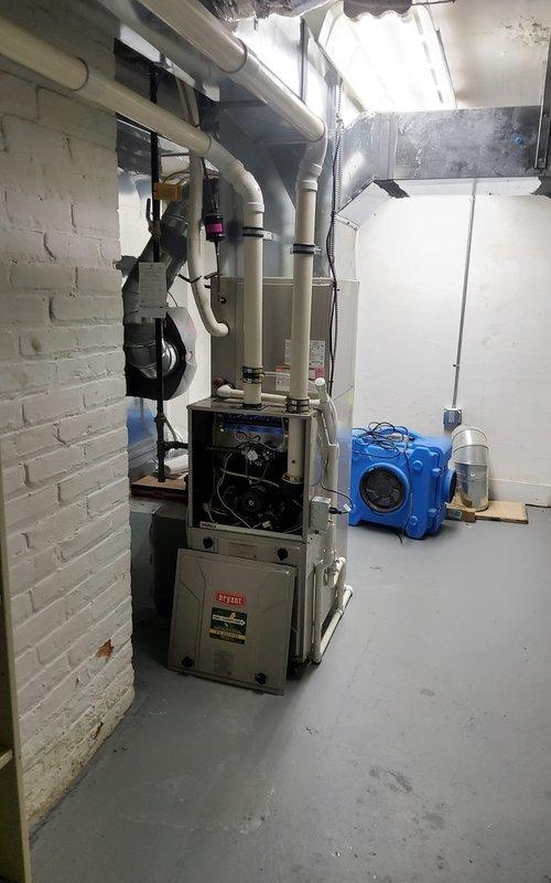 Responded to no heat complaint on first floor of residence with 5-year-old Bryant furnace. Discovered faulty IPOWER fan speed controller affecting proper airflow distribution to first floor. Replaced control device and verified proper operation of system with balanced airflow to all zones.