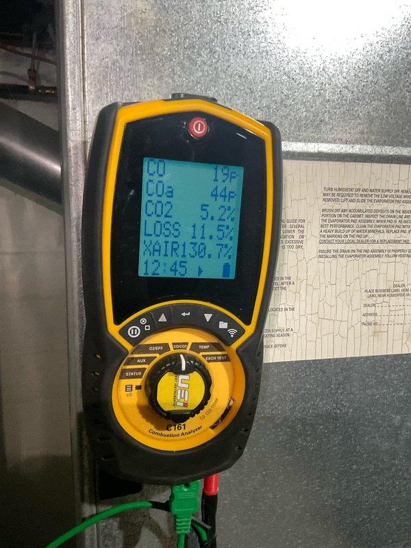 Performed scheduled Home Plan Heating Tune Up on system. Conducted combustion analysis using Fieldpiece analyzer (readings: CO: 19°F, CO2: 5.2%, Loss: 11.5%, MAIR: 130.7%) and verified pressure readings with HT-1890 device (358 measurement). All parameters within acceptable range for continued safe operation.