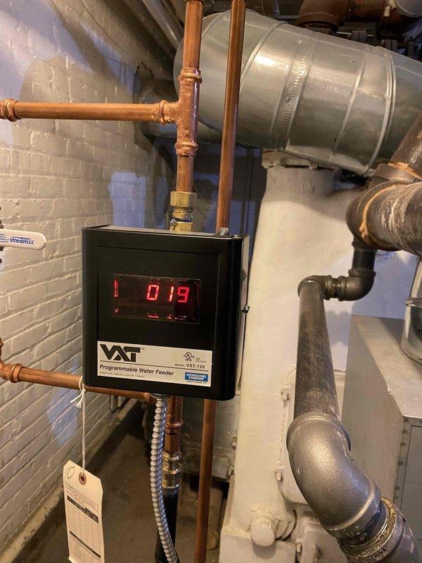 Replaced malfunctioning low water cutoff on client's boiler system with new VAT Programmable Water Feeder. Client had been manually filling the boiler prior to repair; new digital control system now properly regulates water levels automatically.
