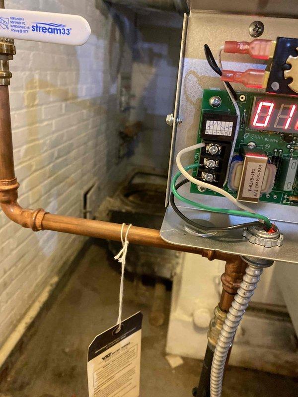 Replaced malfunctioning low water cutoff on client's boiler system with new VAT Programmable Water Feeder. Client had been manually filling the boiler prior to repair; new digital control system now properly regulates water levels automatically.