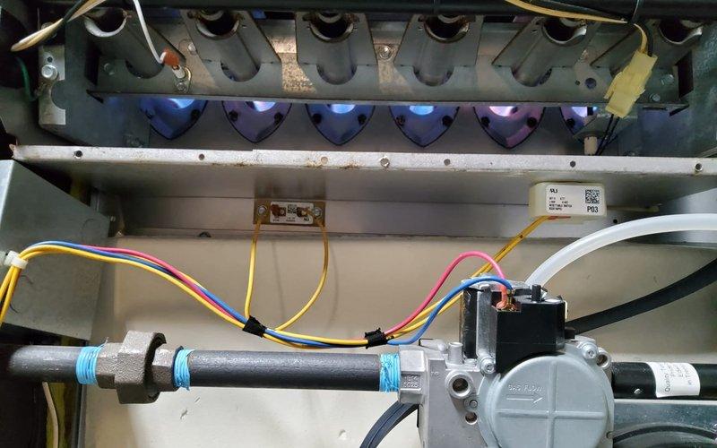 Performed heating tune-up on home plan customer's heat pump furnace. Inspected burner assembly which showed proper blue flame pattern and even ignition. Found minor damage to blower wheel where blades appeared to be bent/whipped; cleaned blower assembly and verified system operation was within specifications despite the noted imperfection.