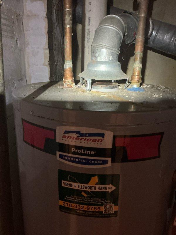 Performed scheduled maintenance on heating system per homeplan agreement. Inspected blower wheel which showed significant dust and debris accumulation requiring cleaning. Also noted American ProLine commercial grade water heater with some corrosion at copper pipe connections and mineral buildup at joints. Vent pipe appears functional with normal aging signs.