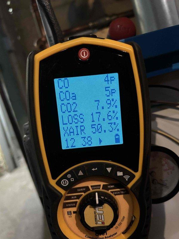Completed scheduled heating system maintenance service. Performed combustion analysis on boiler system with readings of CO: 0, CO2: 7.9%, excess air: 50.3%, and system loss: 17.6%. Inspected pressure regulator valve and associated plumbing components for proper operation and signs of wear.