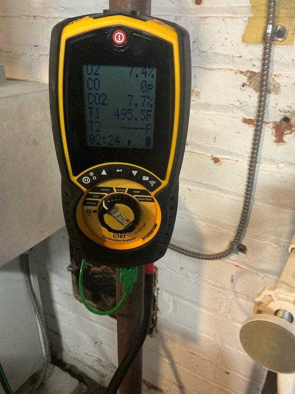 Performed scheduled maintenance on furnace. Conducted combustion analysis which showed normal readings (O2 7.4%, CO2 7.7%, T1 495.5F, CO 0ppm). Visual inspection of heat exchanger revealed normal oxidation and dust accumulation consistent with regular operation.