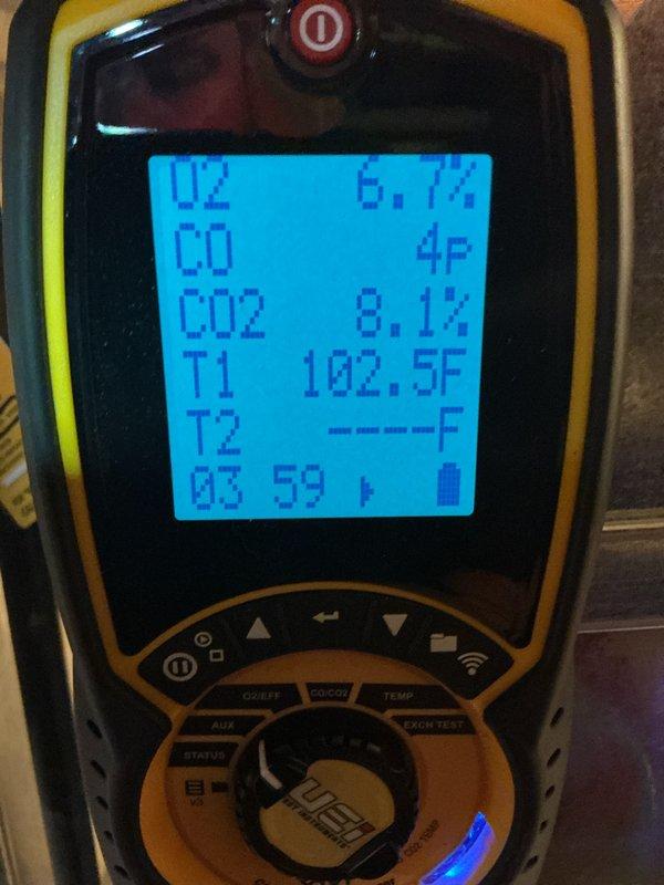 Performed annual heating tune-up under Home Plan maintenance agreement. Conducted full combustion analysis with readings of O2: 6.7%, CO: 4P, CO2: 8.1%, and flue temperature: 102.5°F. Observed significant corrosion on heat exchanger components that will require monitoring at next service visit.