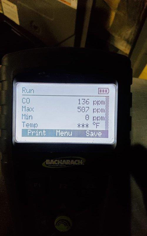Performed second opinion inspection on furnace as requested by customer. Visual examination confirmed presence of rust in heat exchanger as previously reported. Carbon monoxide testing revealed dangerous CO readings of 136 ppm (with maximum spike of 507 ppm), confirming heat exchanger failure. Recommended immediate replacement of unit for safety concerns.
