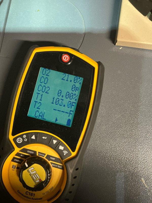 Performed scheduled boiler maintenance service including full system inspection and combustion analysis using C161 Combustion Analyzer. Verified proper O2 levels (21.0%), confirmed zero CO emissions, and documented normal operating temperatures (103.0°F). Heat exchanger surfaces showed normal condition with no signs of deterioration.
