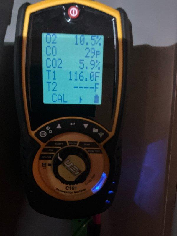 Performed scheduled Heating Tune Up on system. Conducted combustion analysis with UEi C161 analyzer showing O2 at 10.5%, CO at 23P, CO2 at 5.9%, and T1 at 116.0°F. Inspected and verified internal wiring connections in control compartment.