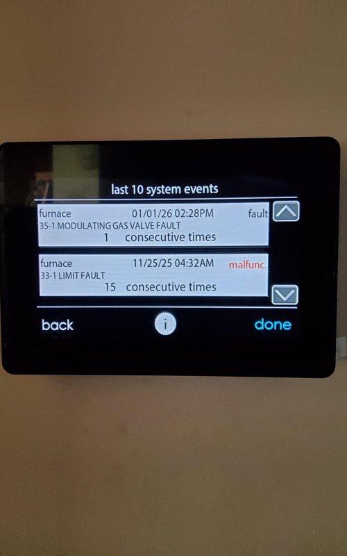 Responded to no heat call for newer HVAC system. Diagnostic review of control panel revealed two critical system faults: "MODULATING GAS VALVE FAULT" and "LIMIT FAULT" occurring multiple consecutive times. Inspected furnace installation and exhaust configuration, which appeared properly installed with appropriate PVC venting.