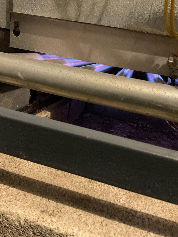 Performed standard boiler tune-up service including application of second dose cleaner. Inspected burner assembly confirming proper flame pattern with characteristic blue flames indicating efficient gas combustion. Checked system pressure gauge and examined plumbing components, noting some oxidation on iron pipes while confirming all connections and valves were functioning correctly.