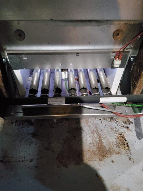Diagnosed and repaired leaking return pipe vent on 7-year-old Williamson steam gas boiler. Inspection of burner assembly showed proper flame pattern and operation. Replaced damaged pipe fitting to resolve leak issue and restore system to normal operating condition.