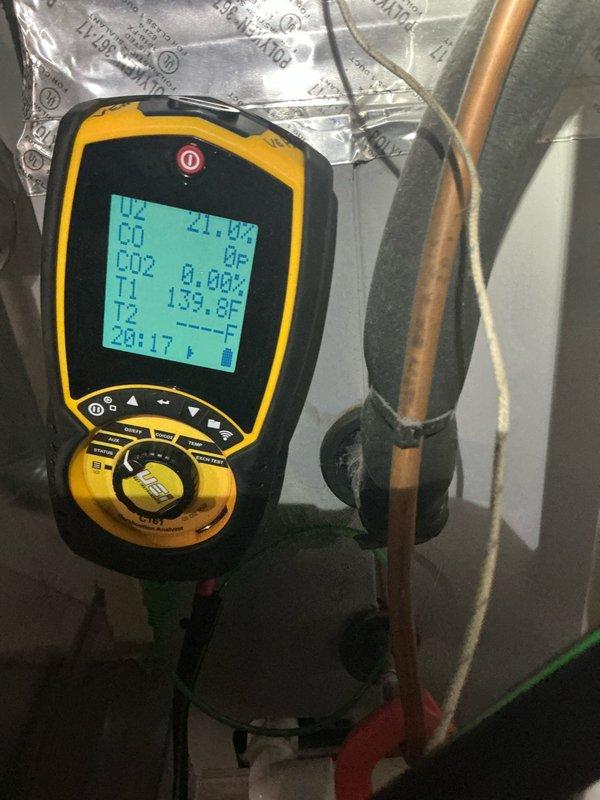Performed routine maintenance on 2-year-old gas furnace. Inspected and cleaned blower wheel assembly. Conducted combustion analysis with digital analyzer confirming proper oxygen levels (21.0%) and verified no carbon monoxide present. System operating within normal parameters with supply temperature at 139.8°F.