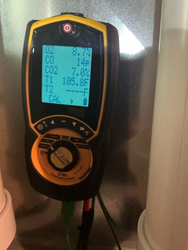 Performed scheduled heating maintenance tune-up on residential furnace. Conducted comprehensive inspection of heat exchanger and burner assembly, ensuring all components were in proper working order. Completed combustion analysis with analyzer showing optimal readings (O2: 8.1%, CO: 14p, CO2: 7.0%, T1: 105.8°F), confirming system is operating safely and efficiently.