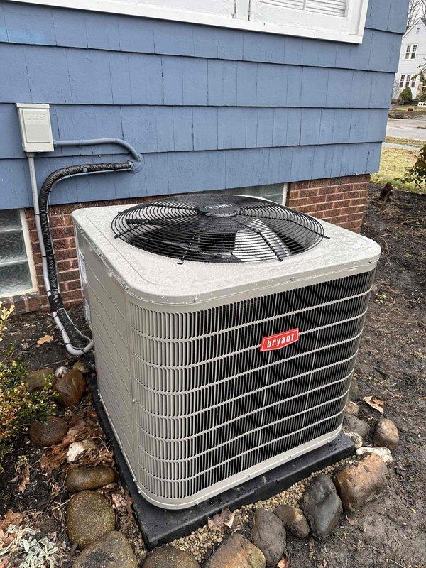 Completed full HVAC system replacement including installation of new Bryant condenser unit, furnace, evaporator coil, and thermostat. Relocated furnace venting to front of home and reconfigured return air system by removing secondary return. Preserved existing humidifier and filter as requested by customer.