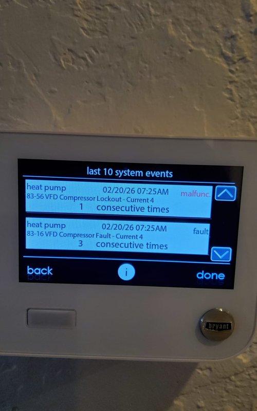 Responded to service call for a Bryant Evolution heat pump system experiencing fault code 83 (VFD Compressor Lockout). Diagnostic review of the thermostat confirmed multiple system events including error 83-56 VFD Compressor Lockout and 83-16 VFD Compressor Fault on the first floor unit. Resolved compressor lockout issue on the 4-year-old heat pump system.
