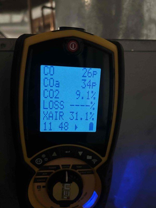 Performed scheduled maintenance on two steam boiler units. Conducted combustion analysis with readings showing CO at 26P, CO2 at 9.1%, excess air at 31.1%, and other parameters within acceptable ranges. Inspected sight glass and surrounding plumbing components, noting some corrosion at connection points that should be monitored but are currently functional.