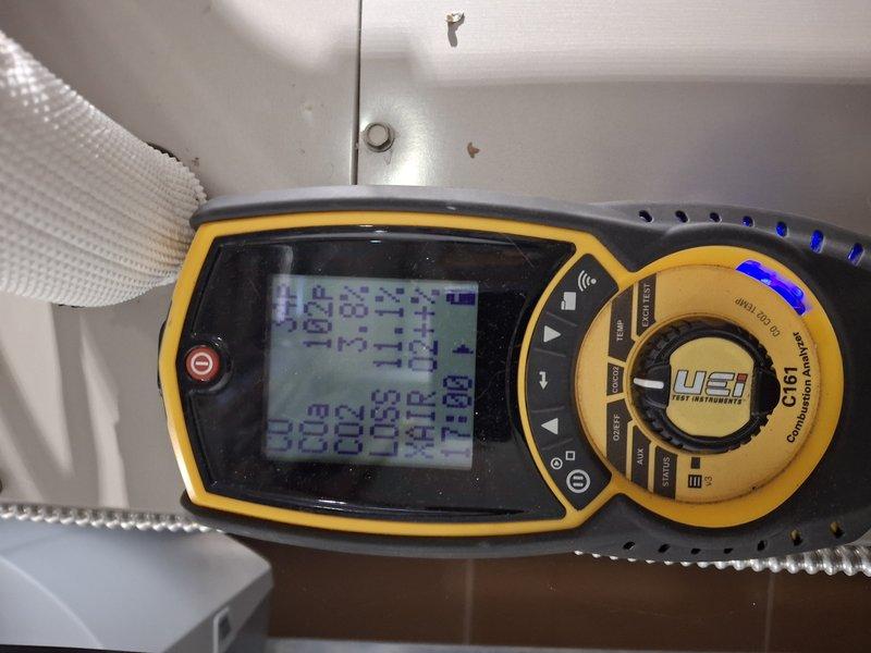 Performed scheduled heating system tune-up using UEi C151 Combustion Analyzer to verify proper combustion efficiency and system parameters. Diagnostic testing showed all readings within acceptable ranges, confirming the heating system is operating at optimal performance levels.