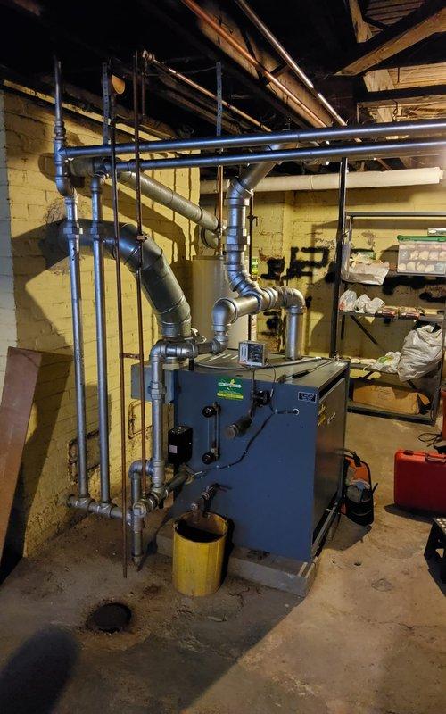 Performed scheduled maintenance service on residential steam boiler system. Inspected all ductwork connections, copper supply lines, and pipe joints for integrity and proper function. Verified system operation and confirmed all components are operating within normal parameters.