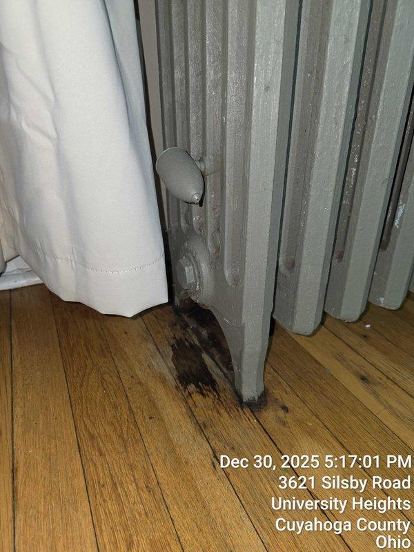 Responded to service call for broken air vent and valve repair. Inspection revealed a cast iron radiator with significant water damage to surrounding hardwood flooring, and a heavily corroded water shutoff valve requiring replacement. Documented damage with photos for customer records.