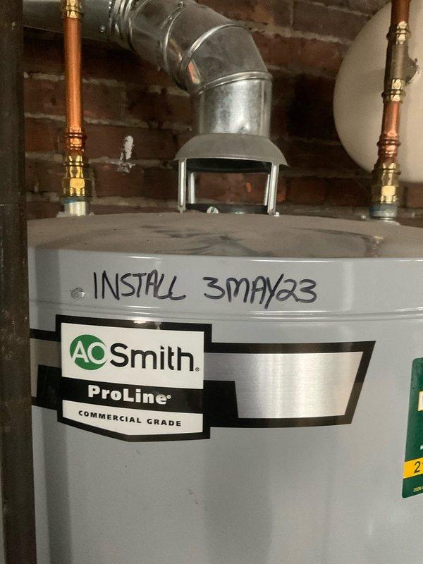 Responded to service call for 3-year-old A.O. Smith ProLine commercial grade water heater not delivering hot water to units #2 and #4. Diagnosed system issues in basement (code 6041) and performed necessary adjustments to restore proper hot water flow to affected units. Verified proper ventilation and expansion tank functionality during service.