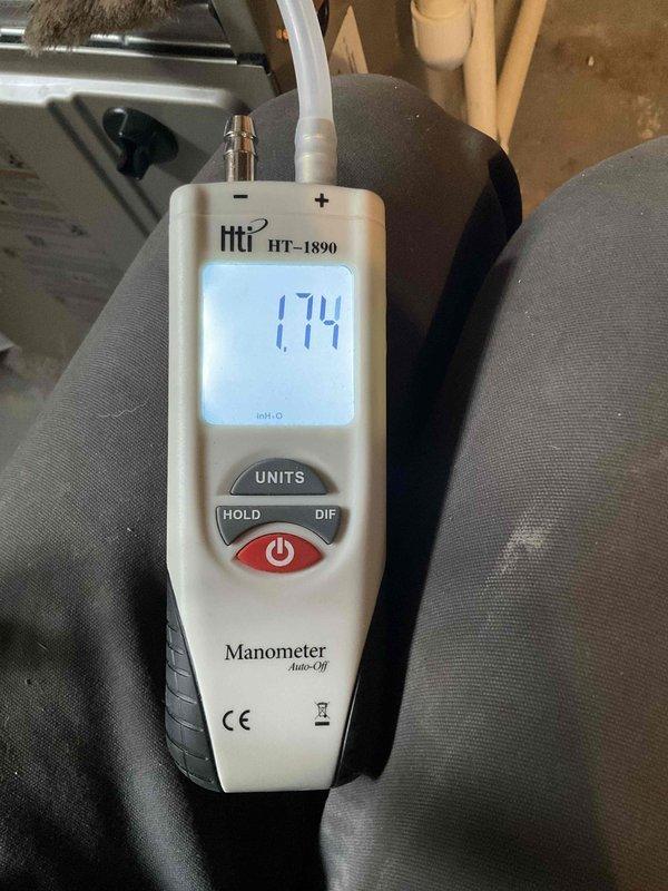 Performed scheduled heating maintenance on two systems per home service plan. Conducted temperature differential testing showing 87.0°F reading, and measured system static pressure at 1.74" WC using digital manometer (HT-1890). All parameters within acceptable ranges for proper operation; systems functioning efficiently for the heating season.