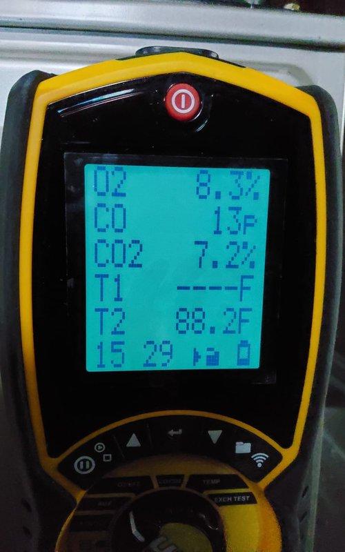 Performed scheduled heating tune-up service on residential furnace system. Conducted comprehensive combustion analysis with readings of O2 8.3%, CO 13P, CO2 7.2%, and flue temperature 88.2°F, confirming system is operating within manufacturer specifications. Inspected all connections, ductwork, and safety components - all functioning properly with no issues identified.