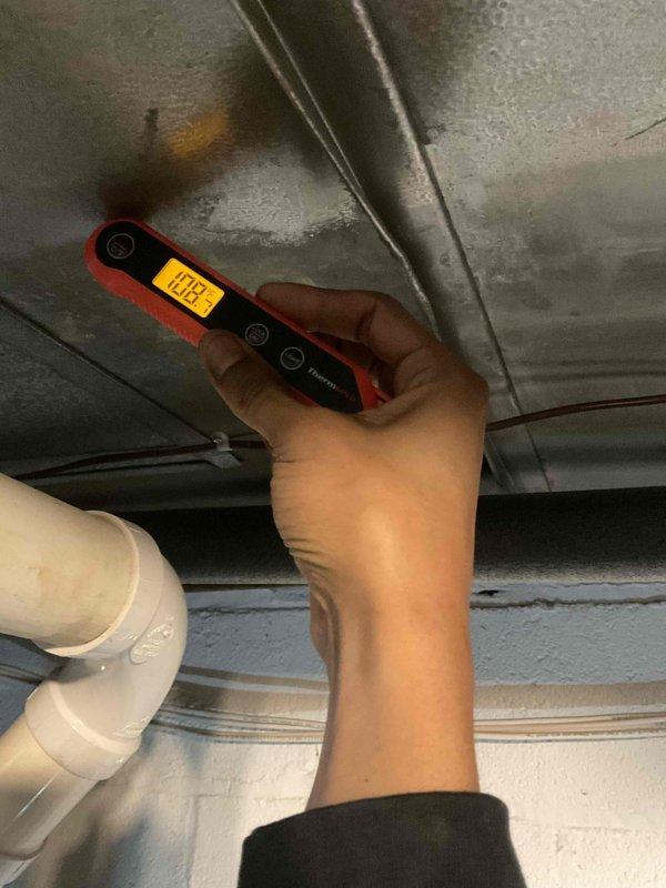 Performed scheduled maintenance on a 4-year-old natural gas furnace. Conducted diagnostic testing with digital instruments showing readings of 67 and 19.9, verifying proper system operation. Inspected ductwork and ventilation components to ensure optimal heating performance.