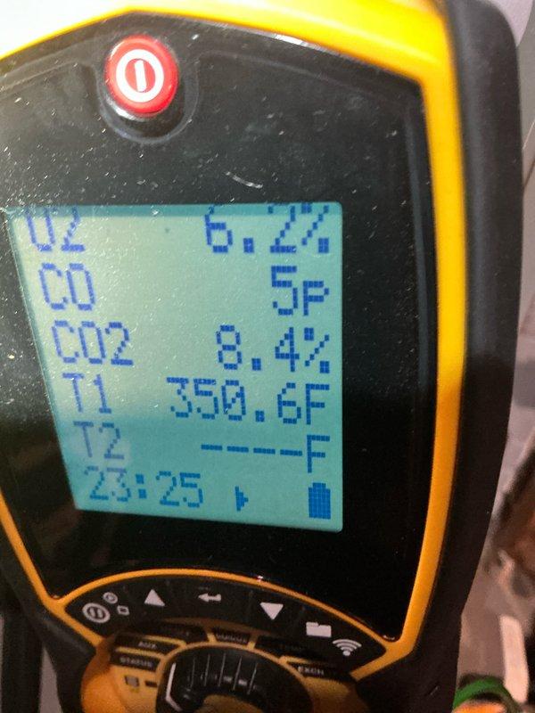 Performed scheduled heating tune-up on system. Conducted combustion analysis with readings of 6.2% O2, 5PPM CO, 8.4% CO2, and flue temperature of 350.6°F, indicating proper combustion efficiency. Inspected heat exchanger assembly and mounting hardware, confirming structural integrity with no visible cracks or corrosion issues.