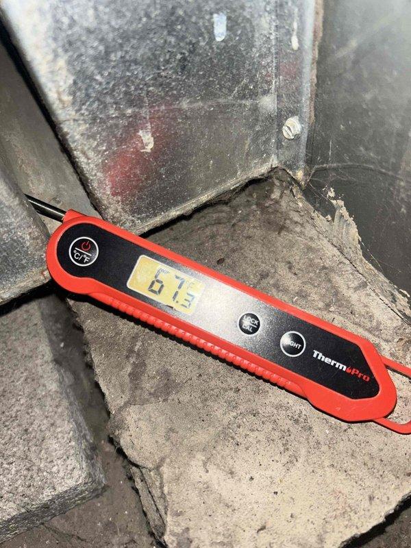 Performed comprehensive heating tune-up on residential furnace system. Conducted electrical diagnostics using Fieldpiece clamp meter to verify proper voltage/amperage at control boards and blower assembly. Measured supply air temperature (61.5°F) with ThermPro digital thermometer, indicating system is operating within normal parameters.