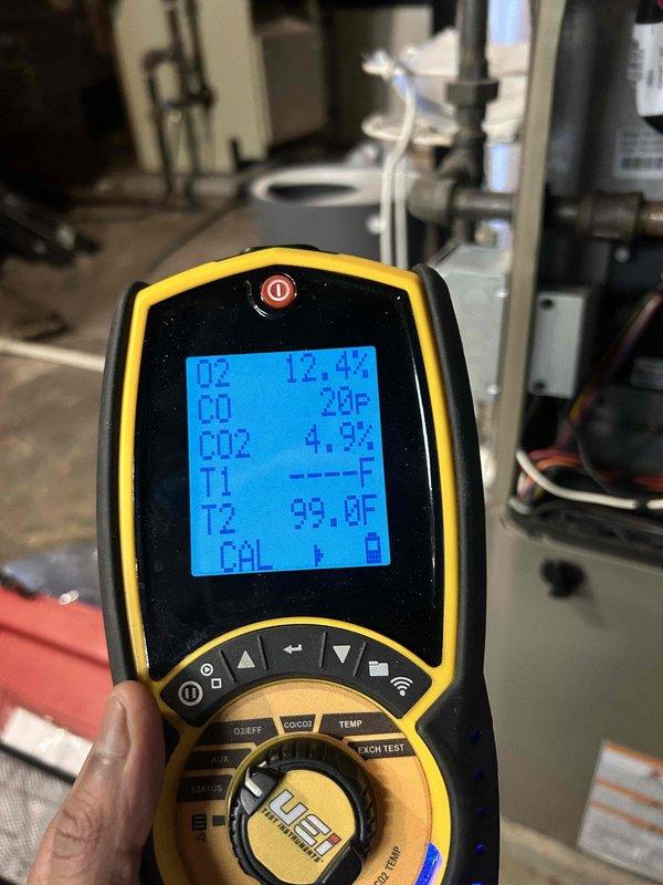 Performed annual maintenance on boiler and furnace system. Conducted combustion analysis using UEi analyzer, confirming proper O2 (12.4%), CO2 (4.9%), and CO (20ppm) levels. Inspected heat exchanger, electrical connections, and verified proper operation of all components including condensate system and burner assembly.
