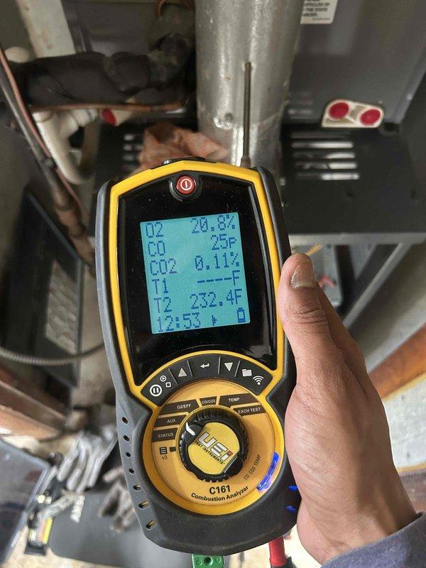 Performed scheduled maintenance on customer's gas furnace. Conducted combustion analysis using C161 analyzer which confirmed proper O2 (20.8%), CO (25F), CO2 (0.11%) and flue temperature (232.4°F) readings. Addressed customer's concern about dust by cleaning accessible components of the Goodman unit; however, explained that comprehensive internal cleaning requires additional service beyond standard maintenance.