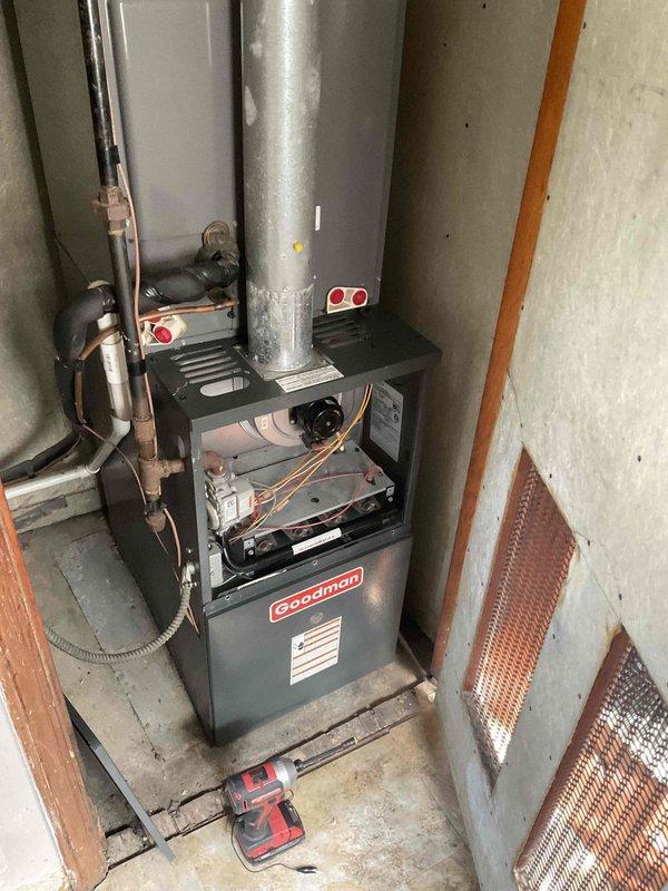 Performed scheduled maintenance on customer's gas furnace. Conducted combustion analysis using C161 analyzer which confirmed proper O2 (20.8%), CO (25F), CO2 (0.11%) and flue temperature (232.4°F) readings. Addressed customer's concern about dust by cleaning accessible components of the Goodman unit; however, explained that comprehensive internal cleaning requires additional service beyond standard maintenance.