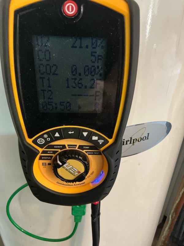 Performed comprehensive boiler tune-up service with combustion analysis. Conducted efficiency testing using digital analyzer, measuring O2 (4.0%), CO (1155P), CO2 (9.6%), and stack temperature (430.3°F). Secondary readings confirmed ambient temperature at 27.0°F with T1 probe measuring 136.2°F. Completed all manufacturer-recommended maintenance procedures.