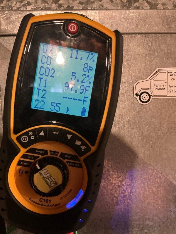 Performed scheduled furnace tune-up and maintenance. Conducted combustion analysis showing optimal O2 (21.0%), CO (0-8 PPM), and CO2 (11.1%) levels. Verified proper temperature readings and confirmed system is operating within manufacturer specifications.