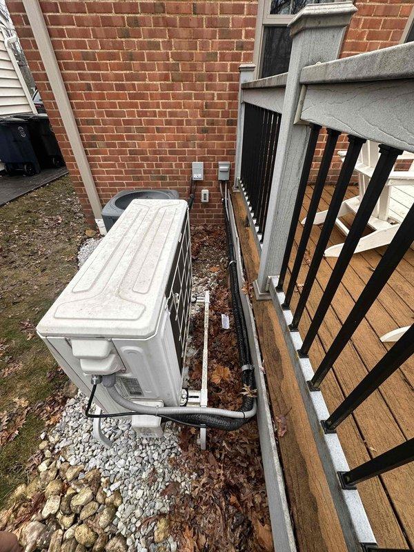 Replaced deteriorated line set on mini-split system due to refrigerant leakage. Performed nitrogen pressure test to verify system integrity, then evacuated system to proper vacuum levels. System was charged and cycled to confirm proper operation with new line set installation.