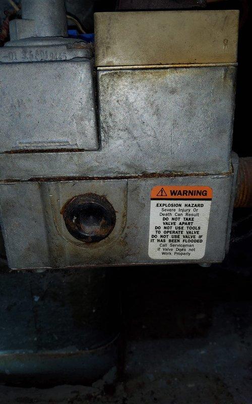Replaced faulty gas control valve on aging furnace unit as requested. Documented existing installation which showed signs of wear and rust along seams. Observed and maintained compliance with explosion hazard safety protocols during valve replacement procedure.