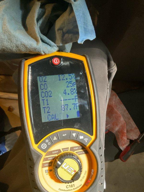 Performed routine maintenance on 3-year-old natural gas furnace under MVP Home Plan. Conducted combustion analysis with UEi C161 analyzer, measuring O2 at 12.53%, CO2 at 4.82%, and stack temperature at 87.7°F. Supply temperature reading of 716° was verified with digital probe at ductwork. All parameters within normal operating range for this 1-5 ton system.