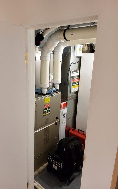 Performed scheduled furnace maintenance service, including removal and replacement of water panel and furnace filter. Installed new Aprilaire Media (501/510 model) in the customer's HVAC system located in utility room. Visual inspection of the dual-unit installation and associated ductwork confirmed proper configuration with no visible issues noted.