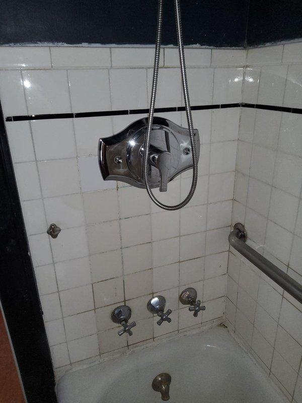 Completed shower valve replacement, converting from two-handle configuration to new Moen single-handle valve system. Work required opening wall access to expose plumbing, removing old valve assembly, and installing new Moen valve with compatible trim kit. All required stock parts were on hand as requested, with proper restoration of access point after installation.