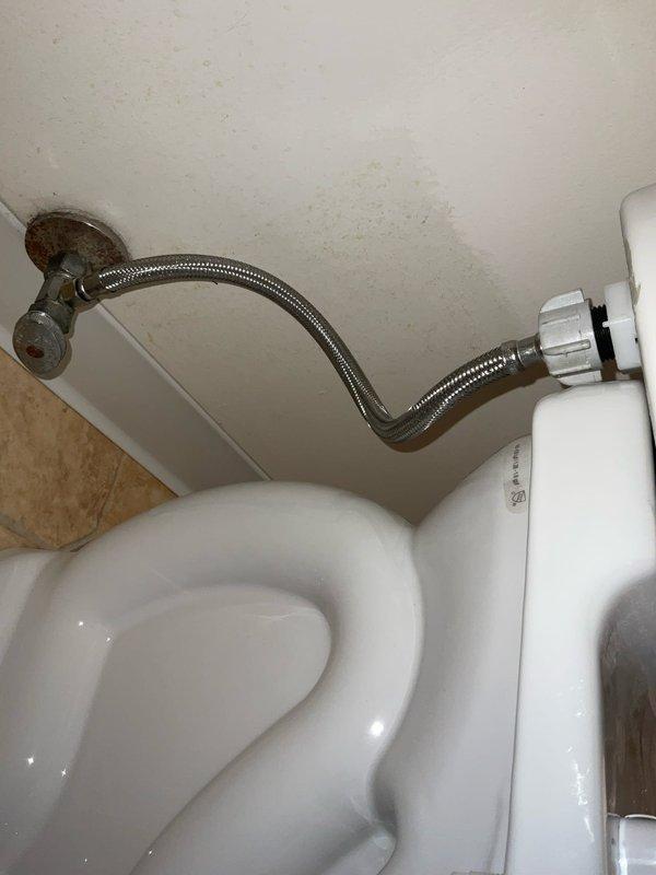 Removed and replaced customer-provided toilet. Disconnected existing supply line, which showed signs of corrosion at the shut-off valve with visible water staining on adjacent wall. Installed new toilet with proper sealing, connected to existing plumbing, and verified proper operation with no leaks.