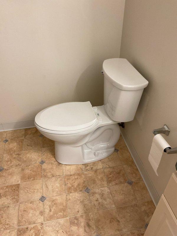 Removed and replaced customer-provided toilet. Disconnected existing supply line, which showed signs of corrosion at the shut-off valve with visible water staining on adjacent wall. Installed new toilet with proper sealing, connected to existing plumbing, and verified proper operation with no leaks.