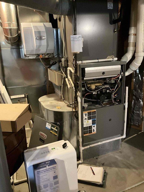 Responded to no-heat complaint for an 18-year-old furnace with multiple leak points. Upon inspection, determined unit was beyond economical repair and recommended complete system replacement. Presented replacement options to customer focusing on improved efficiency and reliability for their home heating system.
